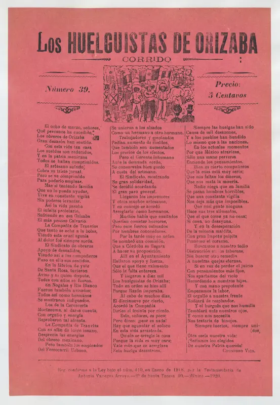 Broadsheet relating to a worker's strike in Orizaba, workers holding up the Mexican flag, flanked by soldiers Wall Art by José Guadalupe Posada - High-Resolution Digital Print