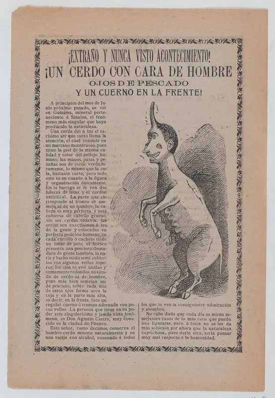 Broadsheet relating to freaks of nature, at right a creature that is half human and half pig with a single horn Wall Art by José Guadalupe Posada - High-Resolution Digital Print