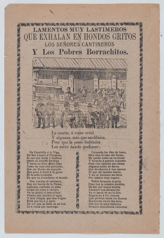 Broadsheet relating to men who frequent bars, different groups of men walking in the streets and one man running after a trolley car Wall Art by José Guadalupe Posada - High-Resolution Digital Print