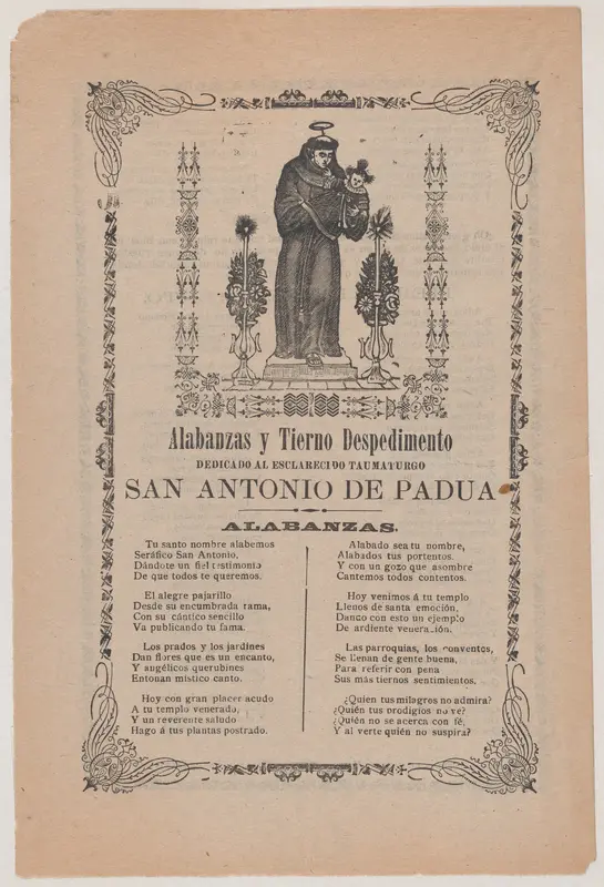 Broadsheet relating to Saint Anthony of Padua who is shown holding the Christ child flanked by a candelabra with flowers Wall Art by José Guadalupe Posada - High-Resolution Digital Print