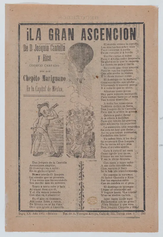 Broadsheet relating to the adventures of Don Joaquin Cantolla y Rico who travels in a hot air balloon, crowd of people watching him ascend Wall Art by José Guadalupe Posada - High-Resolution Digital Print