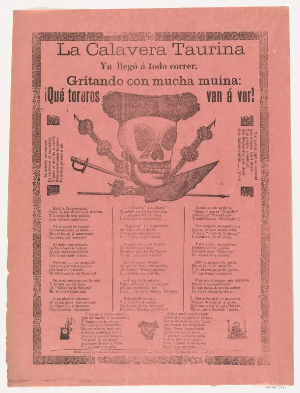 Broadsheet relating to the bullfighting calavera who has arrived at full speed, screaming with much energy Wall Art by José Guadalupe Posada - High-Resolution Digital Print