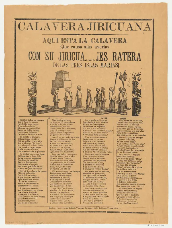 Broadsheet relating to the calavero (skeleton) Jiricuana, a corrido (ballad) in the bottom section Wall Art by Anonymous - High-Resolution Digital Print