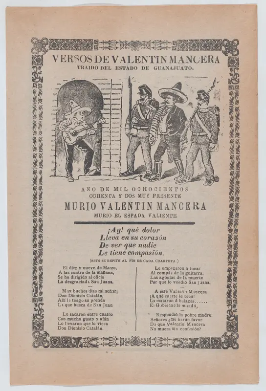 Broadsheet relating to the capture of Valentin Mancera who is shown playing the guitar and being cornered by men in uniforms carrying weapons Wall Art by José Guadalupe Posada - High-Resolution Digital Print