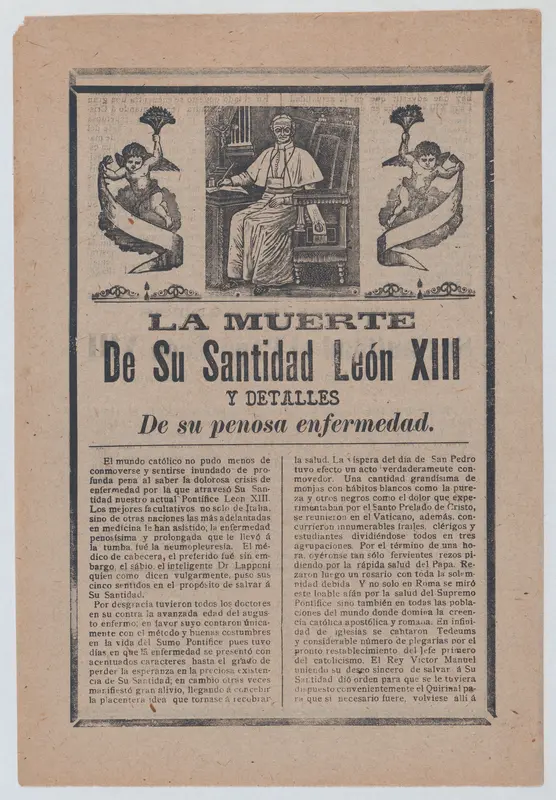 Broadsheet relating to the death of Pope León XIII, he is shown in his study flanked by angels Wall Art by José Guadalupe Posada - High-Resolution Digital Print