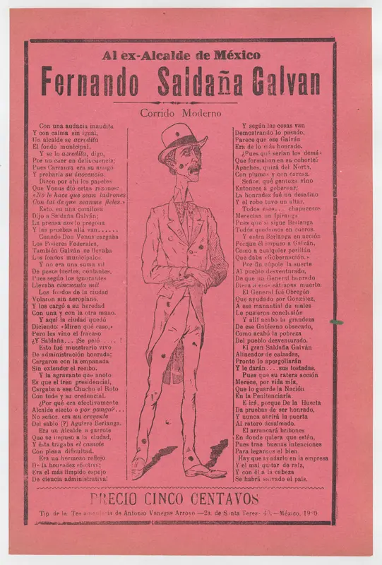 Broadsheet relating to the ex mayor of Mexico, Fernando Saldaña Galvan, who is standing in the center covered in holes Wall Art by José Guadalupe Posada - High-Resolution Digital Print
