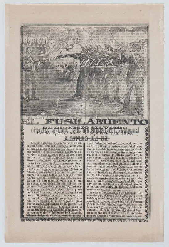 Broadsheet relating to the execution of a murderer named Dionisio Silverio, a firing squad in the upper section Wall Art by José Guadalupe Posada - High-Resolution Digital Print