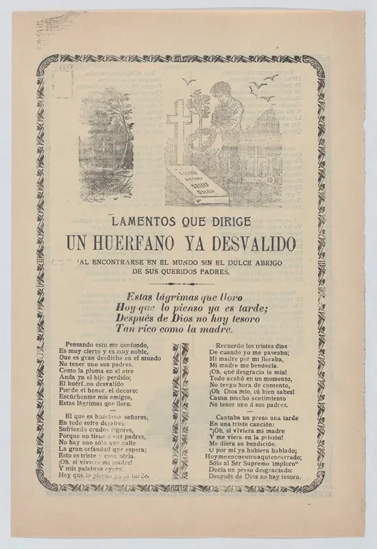 Broadsheet relating to the plight of an orphan, young boy standing at the graves of his parents in a cemetery Wall Art by José Guadalupe Posada - High-Resolution Digital Print
