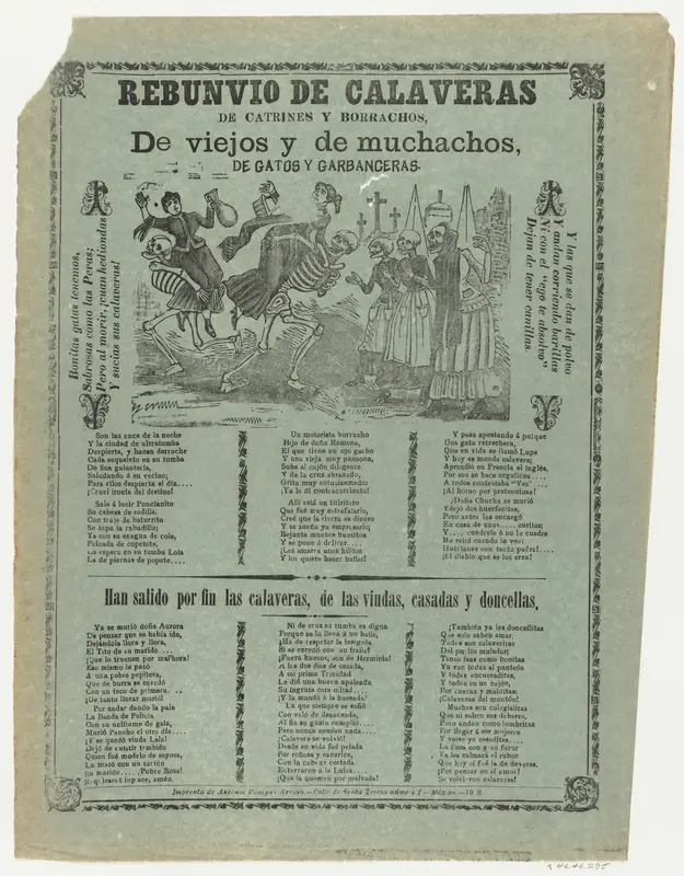 Broadsheet relating to the racket caused by the skeletons (catrines and drunkards), a corrido (ballad) in the bottom section Wall Art by Anonymous - High-Resolution Digital Print