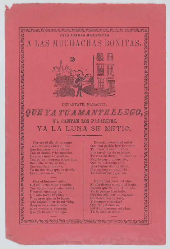 Broadsheet with a ballad about a man who stands outside his lover's window and sings to her Wall Art by José Guadalupe Posada - High-Resolution Digital Print