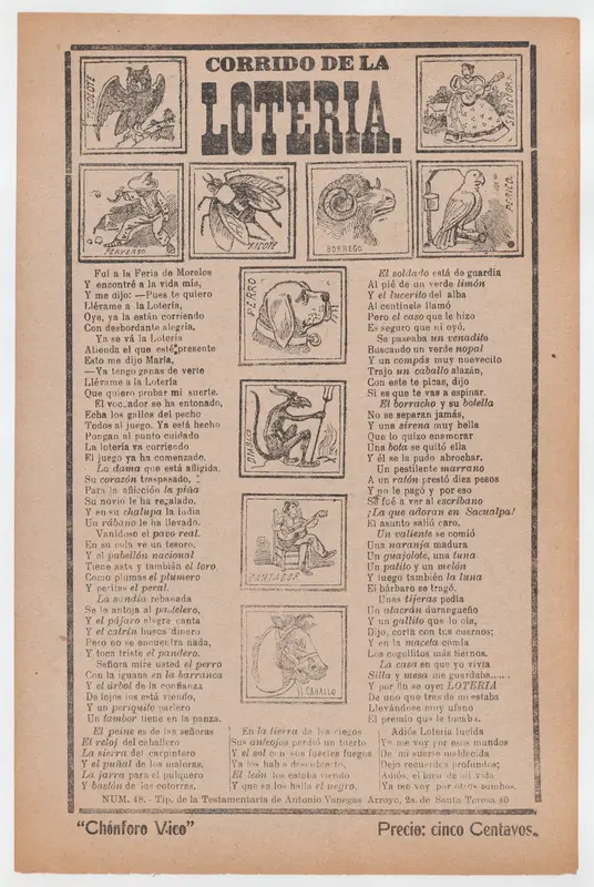 Broadsheet with a ballad about bingo, illustrations of different animals and people Wall Art by José Guadalupe Posada - High-Resolution Digital Print