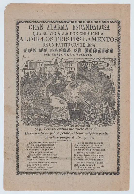 Broadsheet with a ballad addressing poverty, woman sitting in a field of flowers with a duck that has a human's head Wall Art by José Guadalupe Posada - High-Resolution Digital Print