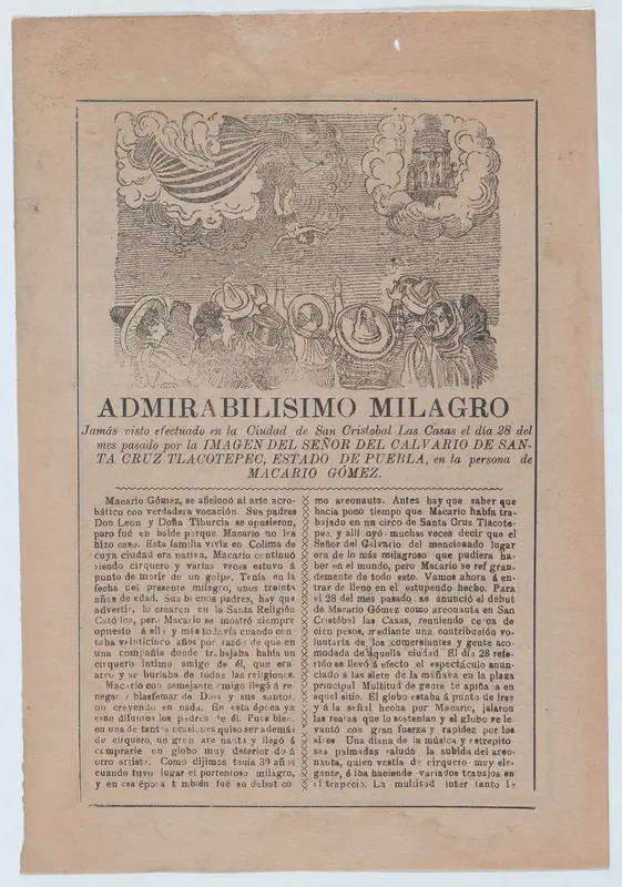 Broadsheet with a story about a miracle in San Cristobal de las Casas, in upper section a crowd of people watch a man fall from a hot air balloon, in the upper right an image an apparition of Christ Wall Art by José Guadalupe Posada - High-Resolution Digital Print