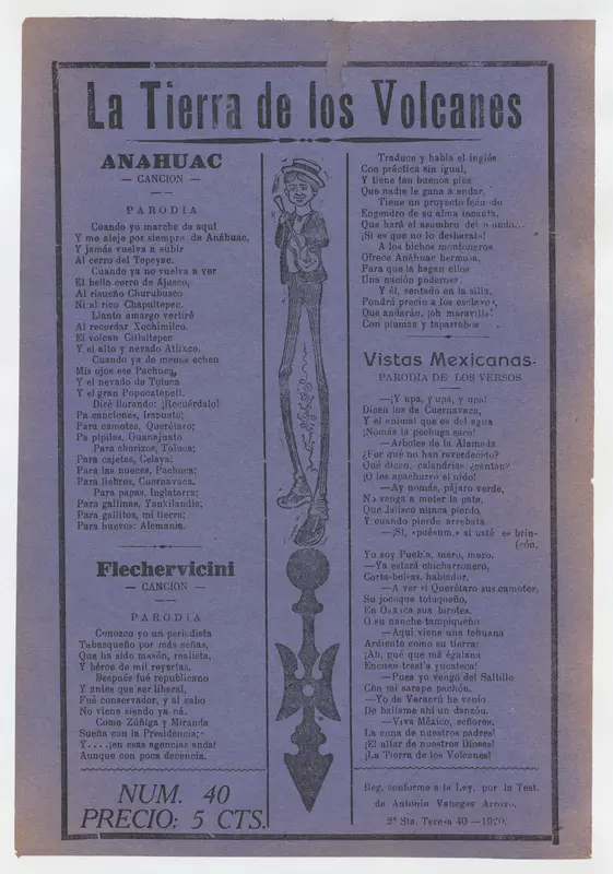 Broadsheet with comic ballads about Mexico, figure with long legs playing the guitar Wall Art by José Guadalupe Posada - High-Resolution Digital Print