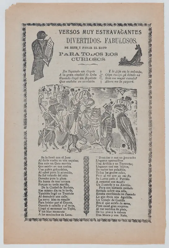 Broadsheet with comic verses, a group of animals wearing human clothes and playing music Wall Art by José Guadalupe Posada - High-Resolution Digital Print
