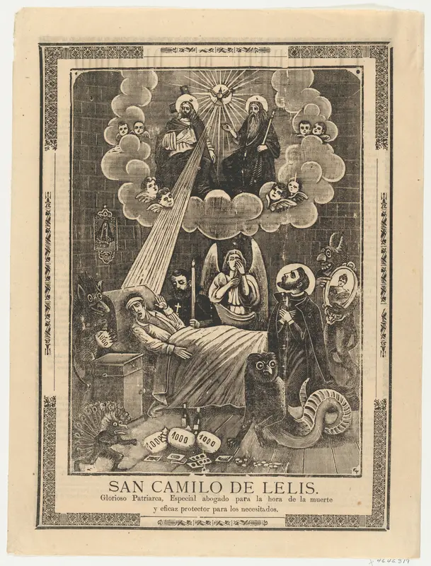 Broadsheet with Saint Camilo de Lelis in bed surrounded by demons, priests and the Holy Trinity above Wall Art by Anonymous - High-Resolution Digital Print
