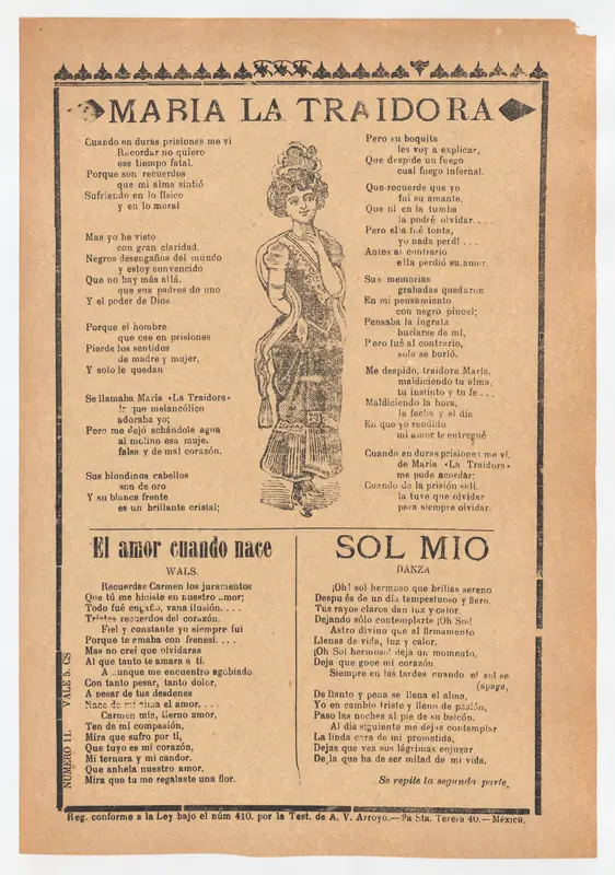 Broadsheet with three ballads about love, a woman wearing a dress and hat placing one hand to her chest and the other behind her back Wall Art by José Guadalupe Posada - High-Resolution Digital Print