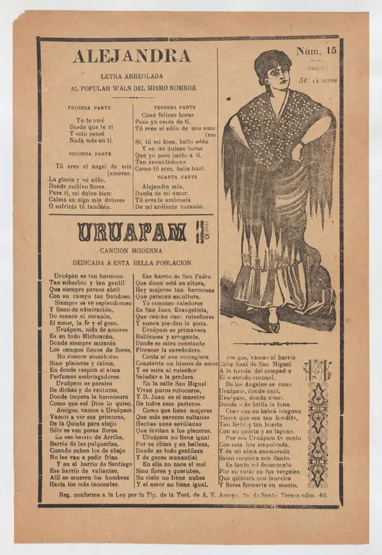 Broadsheet with two love ballads about desirable women, woman wearing a shawl and a skirt with her hands placed on her hips Wall Art by José Guadalupe Posada - High-Resolution Digital Print