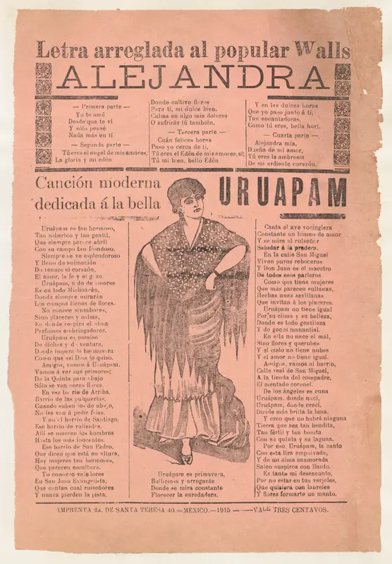 Broadsheet with two narrative love ballads about desirable women, woman wearing a shawl and a skirt with her hands placed on her hips Wall Art by José Guadalupe Posada - High-Resolution Digital Print