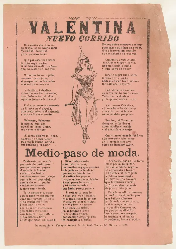 Broadsheet with two narrative love ballads, woman wearing a costume consisting of a leotard,cape, and boots Wall Art by José Guadalupe Posada - High-Resolution Digital Print