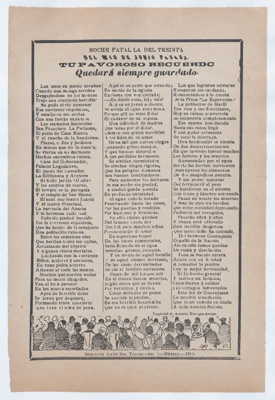 Broadsheet with victim accounts from a flood in Guanajuato, crowd of people waiving their hands and praying Wall Art by José Guadalupe Posada - High-Resolution Digital Print