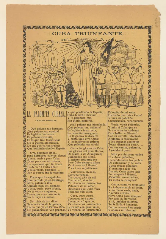 Broadside celebrating Cuba's victory over Spain in the Spanish American War, soldiers holding the Cuban flag and flanking the alleogorical figure of Cuba Wall Art by José Guadalupe Posada - High-Resolution Digital Print