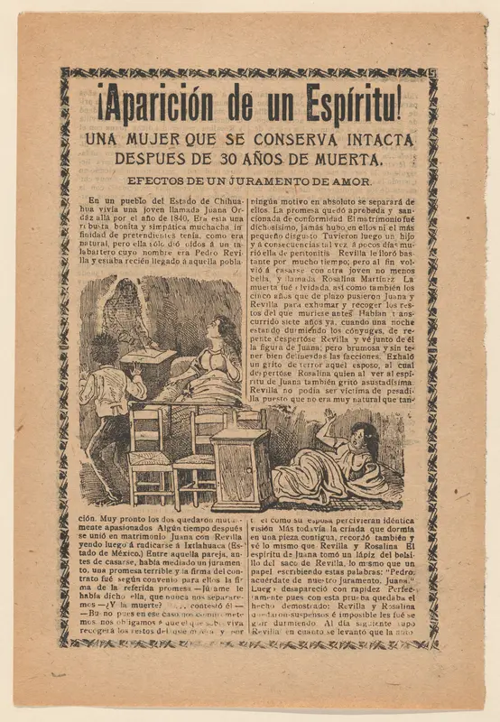 Broadside relating to a news story about an apparition of a spirit, women sitting up in bed looking at a ghost Wall Art by José Guadalupe Posada - High-Resolution Digital Print