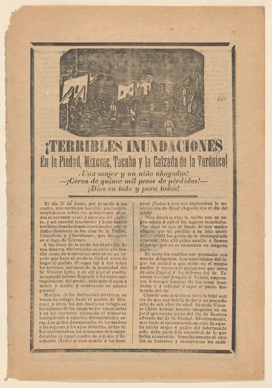 Broadside relating to a news story about floods in multiple cities, villagers wading through water Wall Art by José Guadalupe Posada - High-Resolution Digital Print