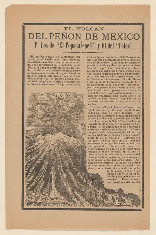 Broadside relating to a news story about the destruction following a volcanic eruption, volcano erupting while animals and men on horseback flee Wall Art by José Guadalupe Posada - High-Resolution Digital Print
