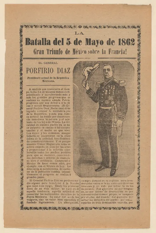 Broadside relating to a news story about the Mexican victory over the French army on May 5, 1862, General Porfirio Diaz in military regalia holding a hat Wall Art by José Guadalupe Posada - High-Resolution Digital Print