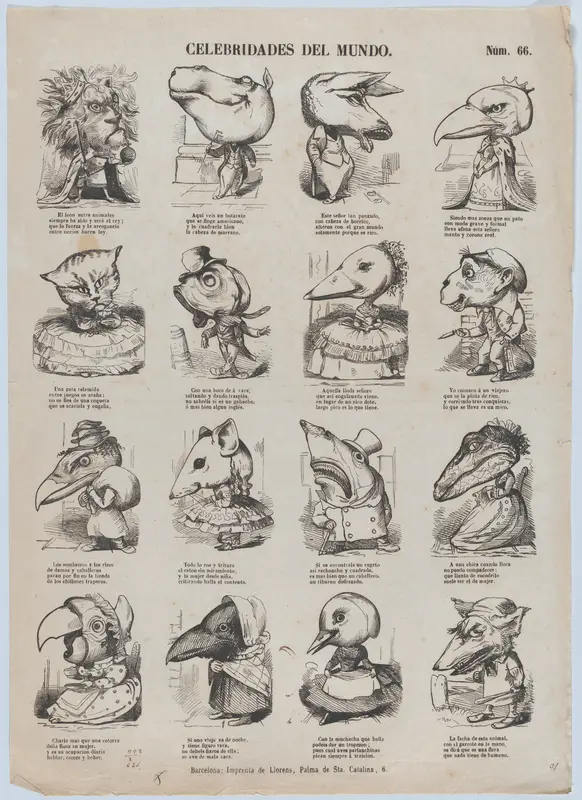 Broadside with 16 caricature figures representing celebrities of the world