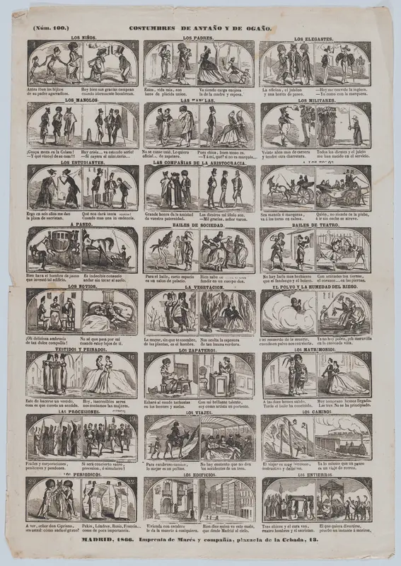 Broadside with 48 (24 pairs) scenes contrasting Spanish customs past and present Wall Art by José María Marés - High-Resolution Digital Print