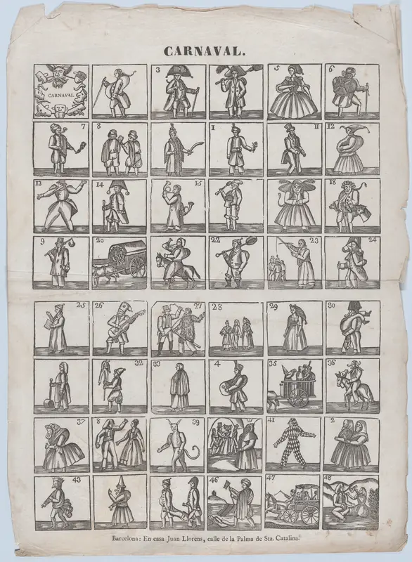 Broadside with 48 figures from carnival