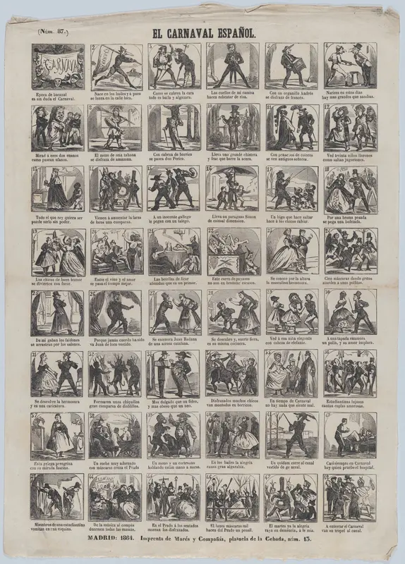 Broadside with 48 scenes depicting carnival in Spain Wall Art by José María Marés - High-Resolution Digital Print