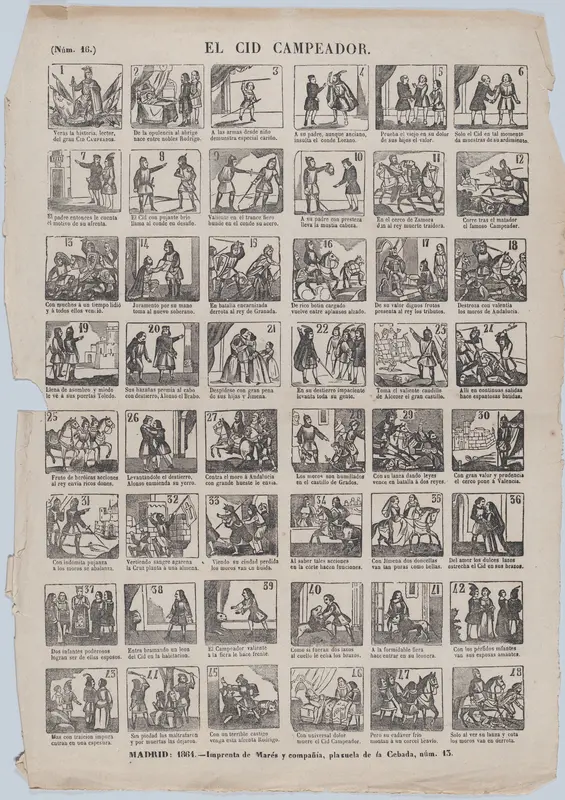 Broadside with 48 scenes depicting the adventures of the warrior El Cid Campeador Wall Art by José María Marés - High-Resolution Digital Print