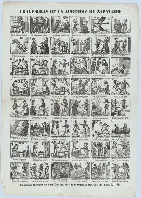 Broadside with 48 scenes depicting the antics of the shoemaker's apprentice Wall Art by José Noguera - High-Resolution Digital Print