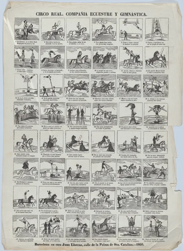 Broadside with 48 scenes depicting the equestrian and gymnastic moves of the royal circus