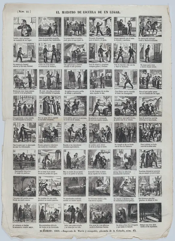 Broadside with 48 scenes depicting the experiences of a schoolteacher in an unknown small town ('de un lugar') Wall Art by José María Marés - High-Resolution Digital Print