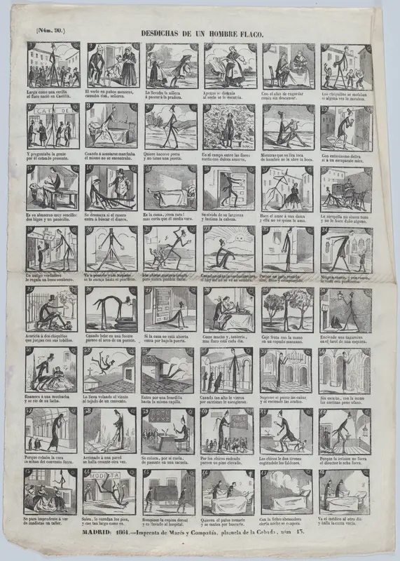 Broadside with 48 scenes depicting the misfortunes of a skinny man Wall Art by José María Marés - High-Resolution Digital Print