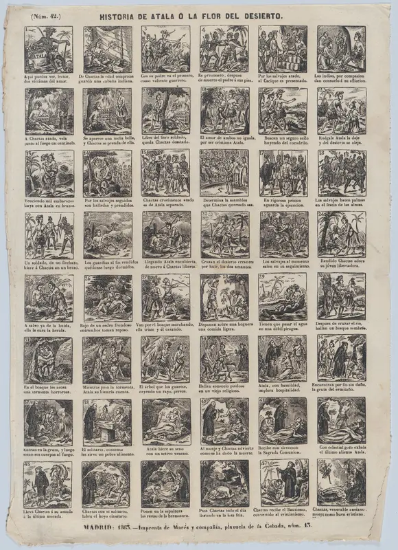 Broadside with 48 scenes depicting the story of Atal or the Flower of the Desert Wall Art by José María Marés - High-Resolution Digital Print