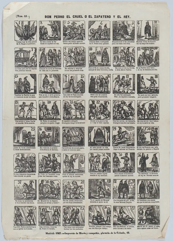 Broadside with 48 scenes depicting the story of Don Pedro the Cruel, or, the Shoemaker and the king Wall Art by José María Marés - High-Resolution Digital Print