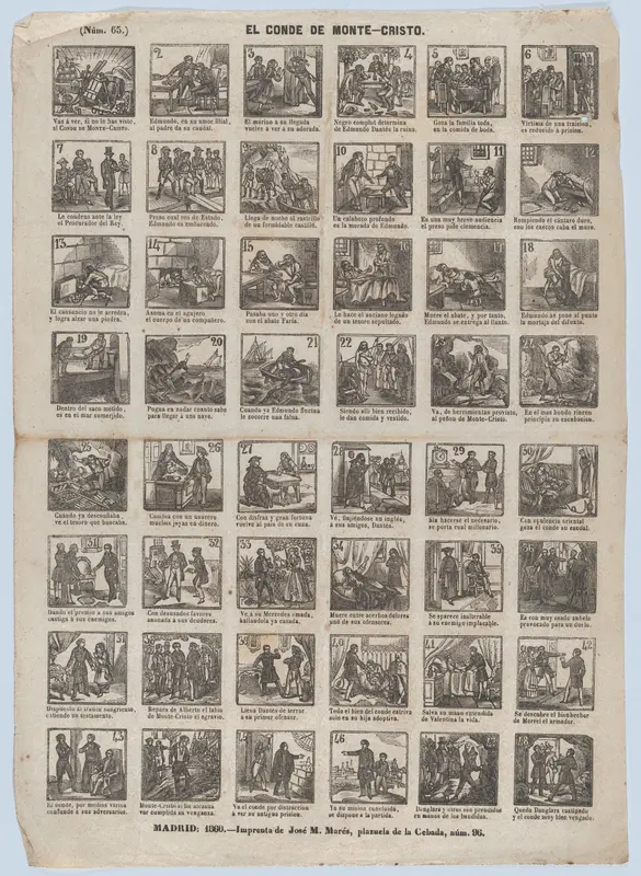 Broadside with 48 scenes from the life of the Count of Monte Cristo Wall Art by José María Marés - High-Resolution Digital Print
