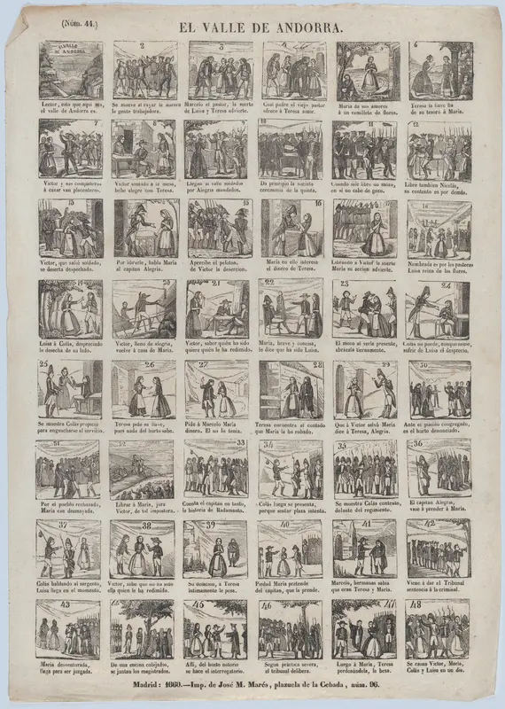 Broadside with 48 scenes from the zarzuela in three acts, 'The Valley of  Andorra' Wall Art by José María Marés - High-Resolution Digital Print