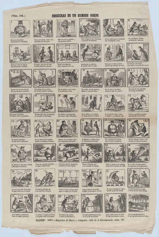 Broadside with 48 scenes illusrating the misfortunes of a fat man Wall Art by José María Marés - High-Resolution Digital Print