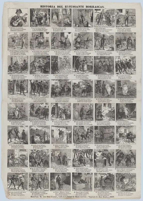 Broadside with 48 scenes of the life of Borrascas the student