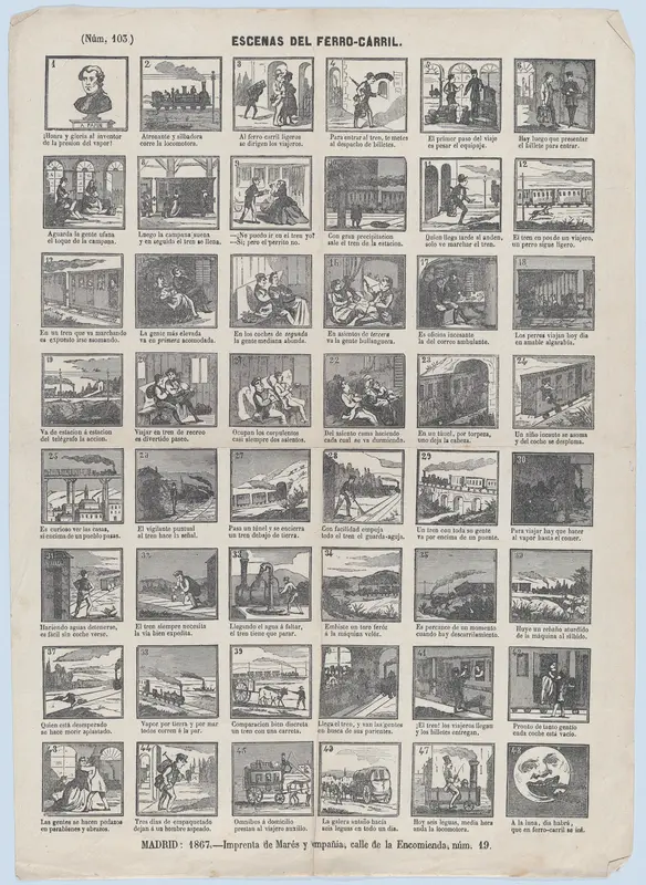 Broadside with 48 scenes of trains and their passengers etc Wall Art by José María Marés - High-Resolution Digital Print