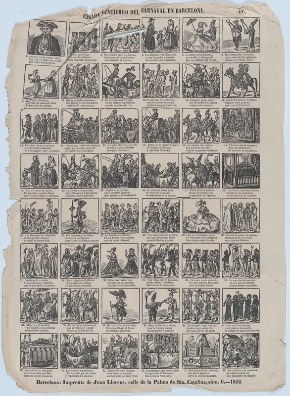 Broadside with 48 scenes relating to the carnival in Barcelona Wall Art by José Noguera - High-Resolution Digital Print