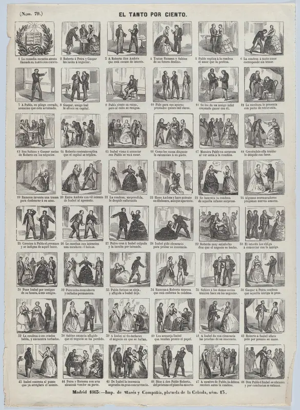 Broadside with 48 scenes relating to the comedy 'El Tanto por Ciento' Wall Art by José María Marés - High-Resolution Digital Print