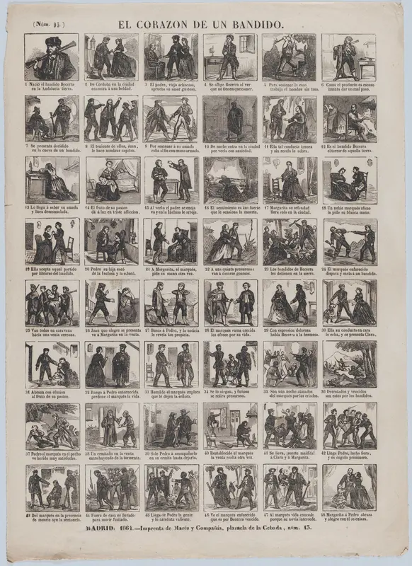 Broadside with 48 scenes relating to the heart of the bandit Wall Art by José María Marés - High-Resolution Digital Print