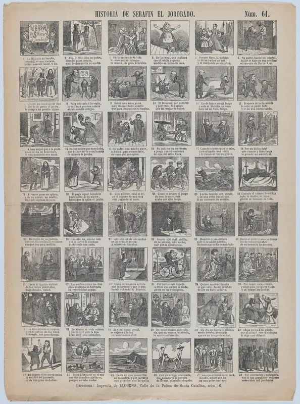 Broadside with 48 scenes relating to the life hunchback